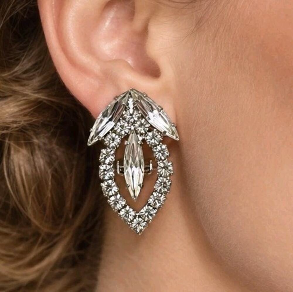 Vtg NOS Prong Rhinestone Navette Clip On Earrings Silver Tone Bridal Statement